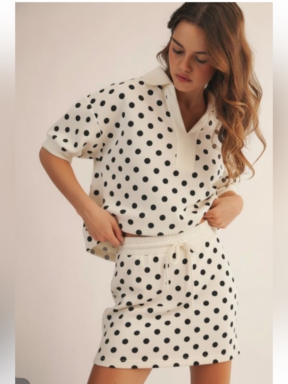 912. Polka dot French Terry skirt set white and black